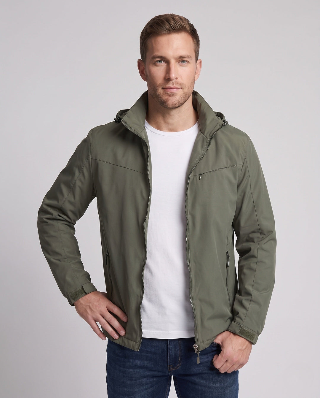Men's Lightweight Hooded Utility Jacket with Concealed Zipper and Chest Pocket Hudson & Parker