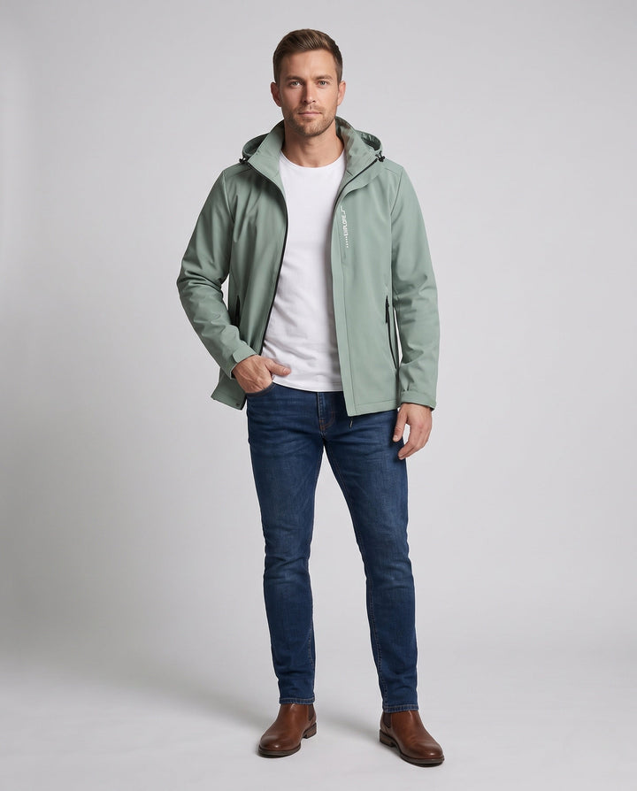 Men's lightweight technical softshell jacket with adjustable hood, wind and water repellent Hudson & Parker