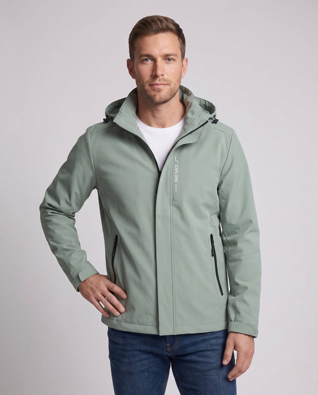 Men's lightweight technical softshell jacket with adjustable hood, wind and water repellent Hudson & Parker