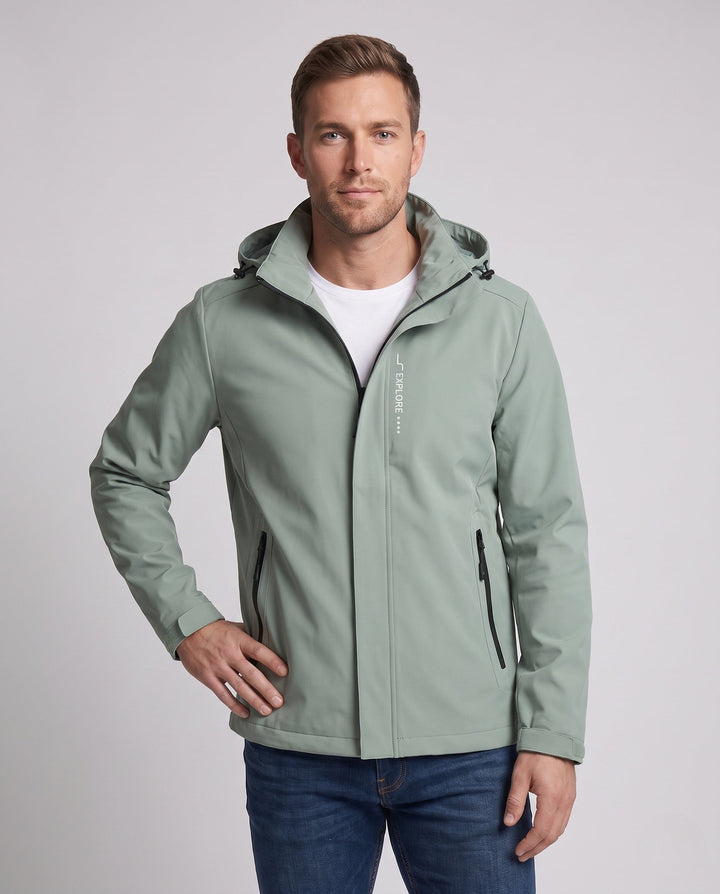 Men's lightweight technical softshell jacket with adjustable hood, wind and water repellent Hudson & Parker