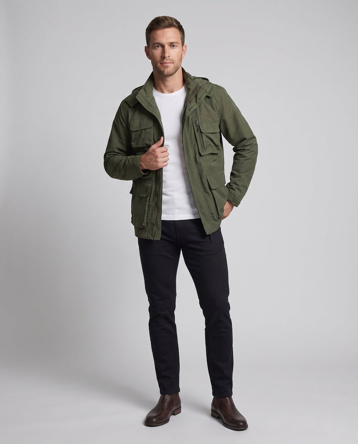 Men's Lightweight Utility Field Jacket with Multifunctional Pockets and Adjustable Hem Hudson & Parker