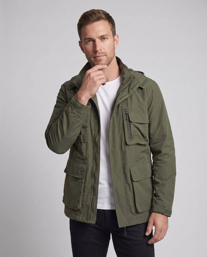 Men's Lightweight Utility Field Jacket with Multifunctional Pockets and Adjustable Hem Hudson & Parker