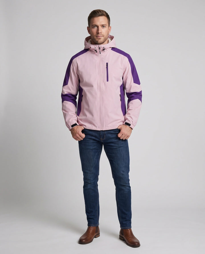 Men's lightweight water-repellent hooded softshell jacket with contrast stripes and chest zip Hudson & Parker