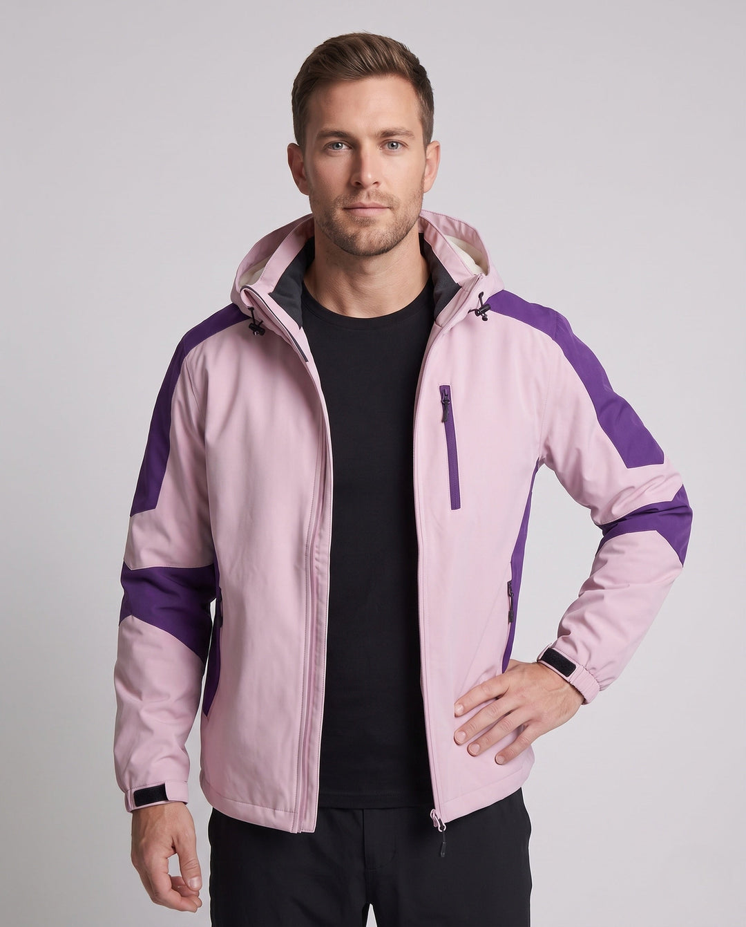 Men's lightweight water-repellent hooded softshell jacket with contrast stripes and chest zip Hudson & Parker