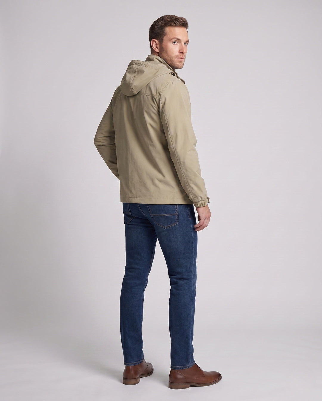 Men's Lightweight Windproof Hooded Outdoor Jacket with Chest Zipper and Stowable Hood Hudson & Parker
