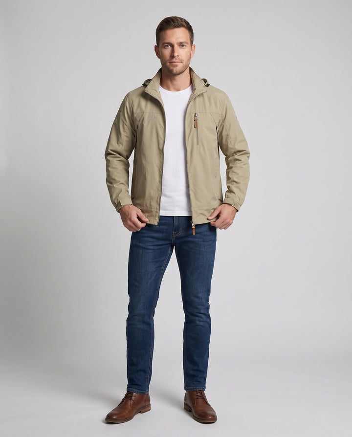 Men's Lightweight Windproof Hooded Outdoor Jacket with Chest Zipper and Stowable Hood Hudson & Parker