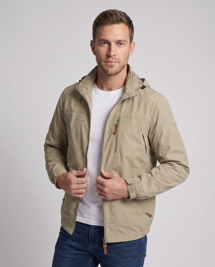 Men's Lightweight Windproof Hooded Outdoor Jacket with Chest Zipper and Stowable Hood Hudson & Parker