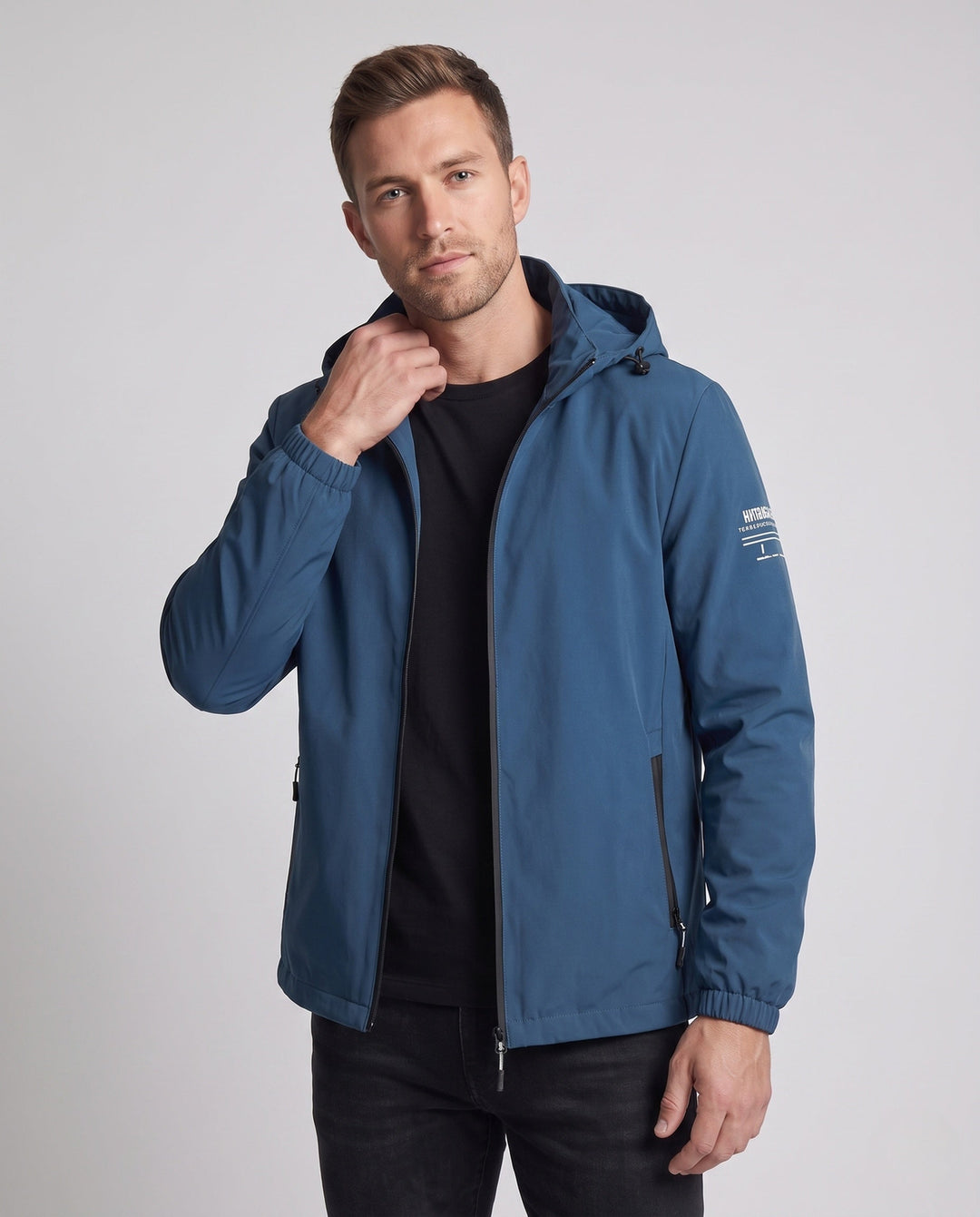Men's lightweight windproof hoodie jacket with warming fleece lining and zippered pockets Hudson & Parker