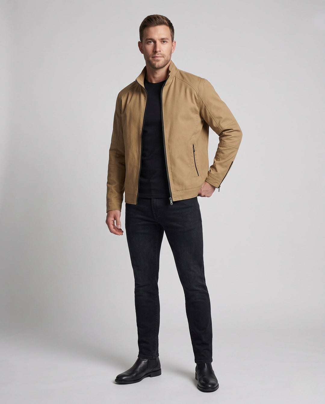 Men's Lightweight Blend Utility Jacket with Stand Collar and Zipper Hudson & Parker