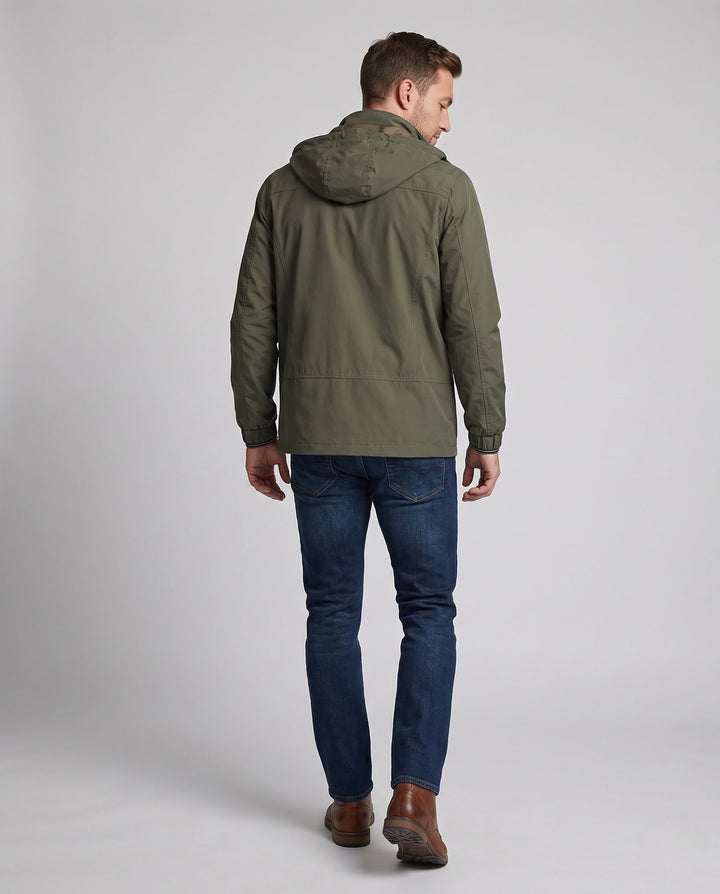 Men's Lightweight Hooded Canvas Jacket with Concealed Zip Front and Chest Zippers Hudson & Parker