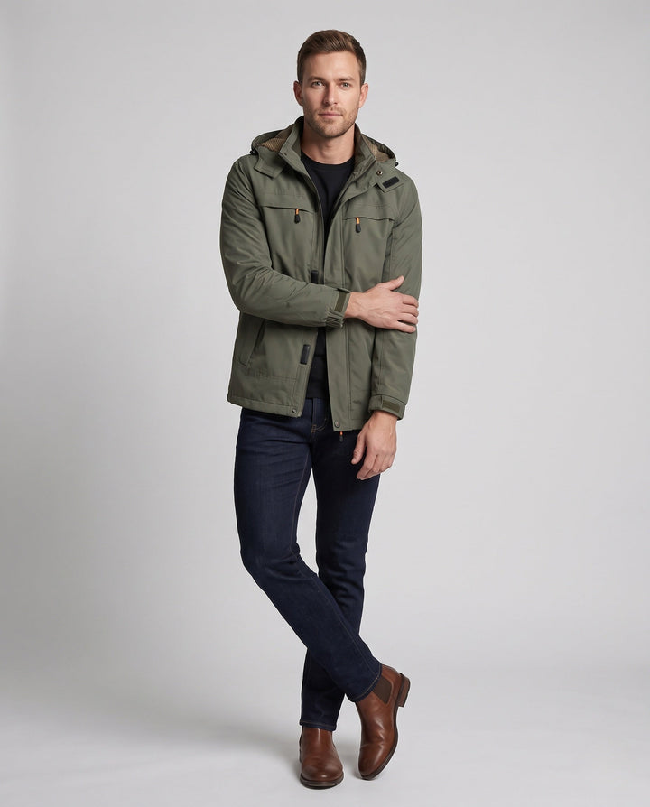Men's Lightweight Hooded Canvas Jacket with Concealed Zip Front and Chest Zippers Hudson & Parker