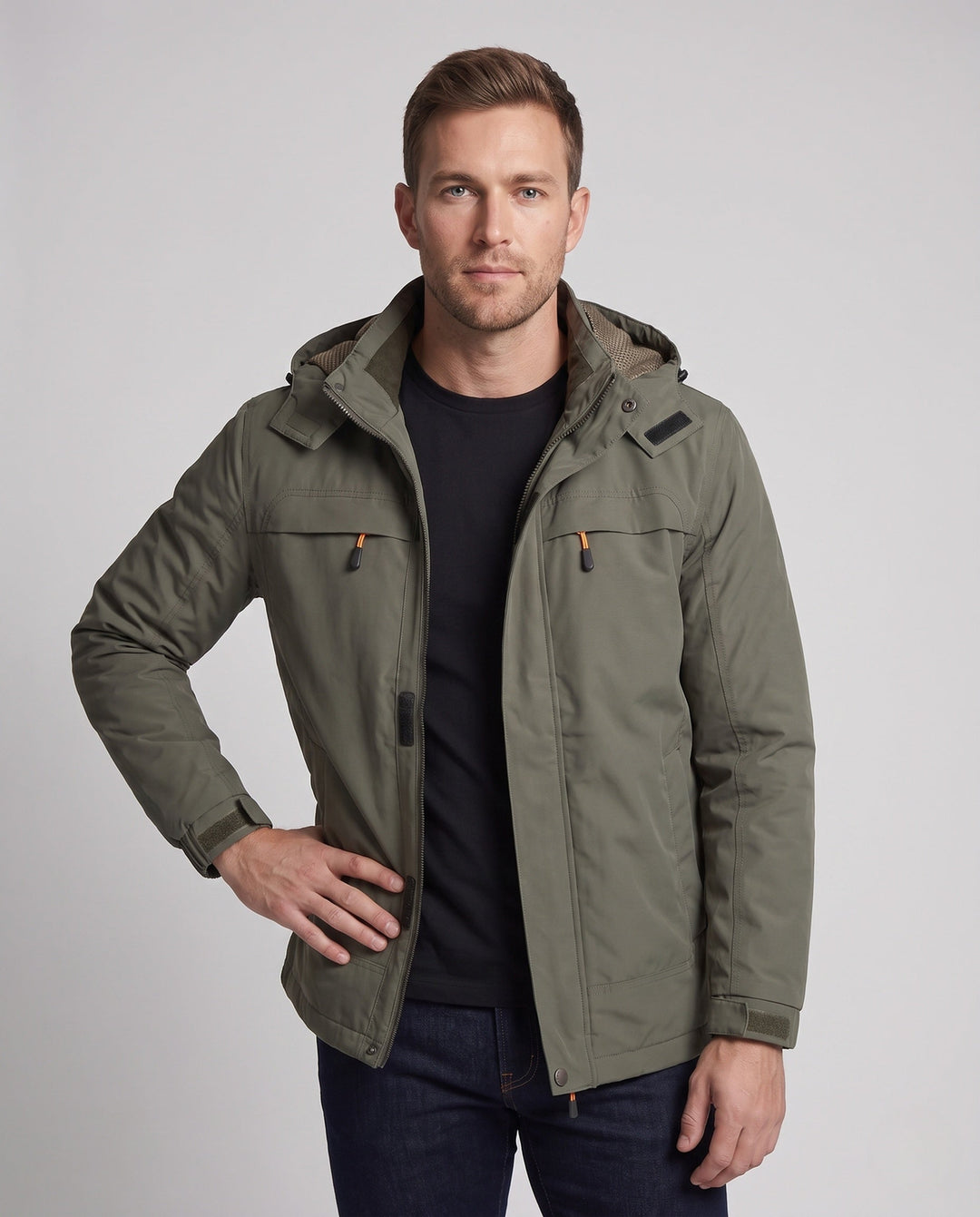 Men's Lightweight Hooded Canvas Jacket with Concealed Zip Front and Chest Zippers Hudson & Parker