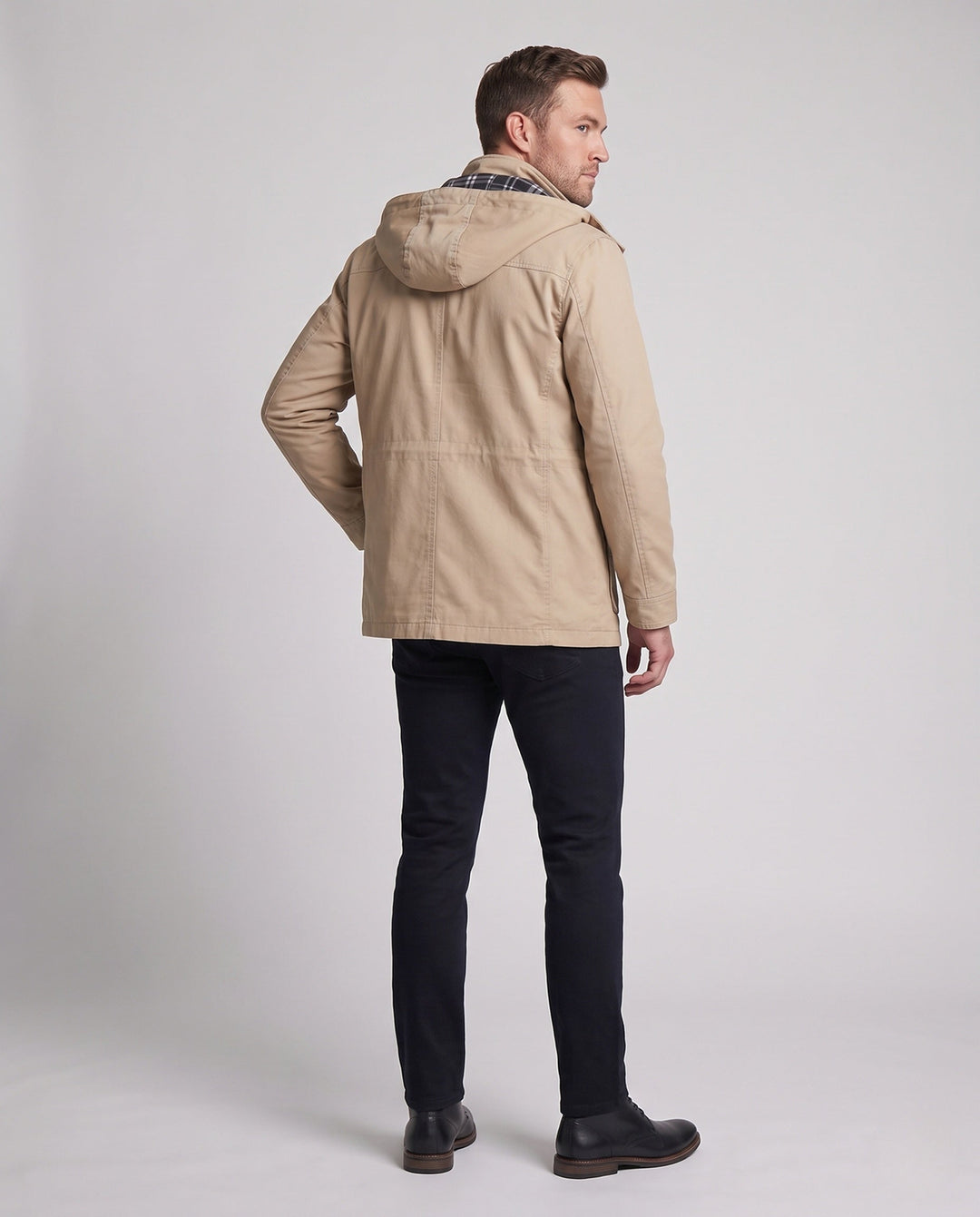 Men's lightweight hooded canvas parka with drawstring, flap pockets, and zippered chest pocket Hudson & Parker