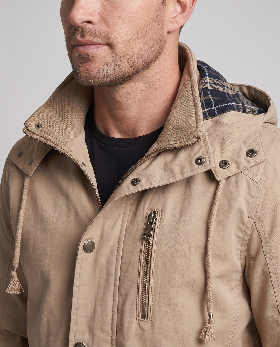 Men's lightweight hooded canvas parka with drawstring, flap pockets, and zippered chest pocket Hudson & Parker