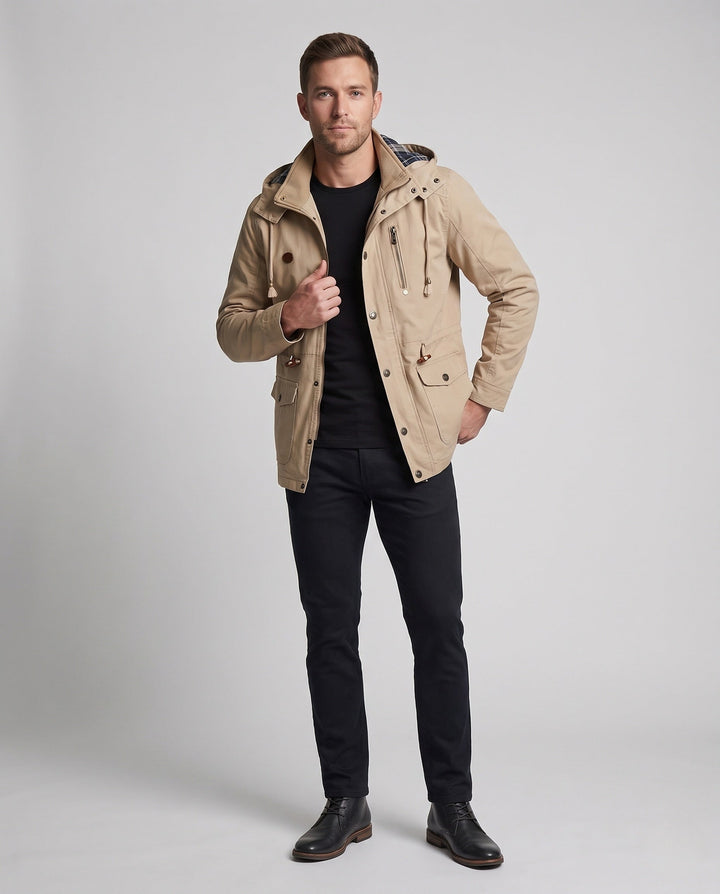Men's lightweight hooded canvas parka with drawstring, flap pockets, and zippered chest pocket Hudson & Parker