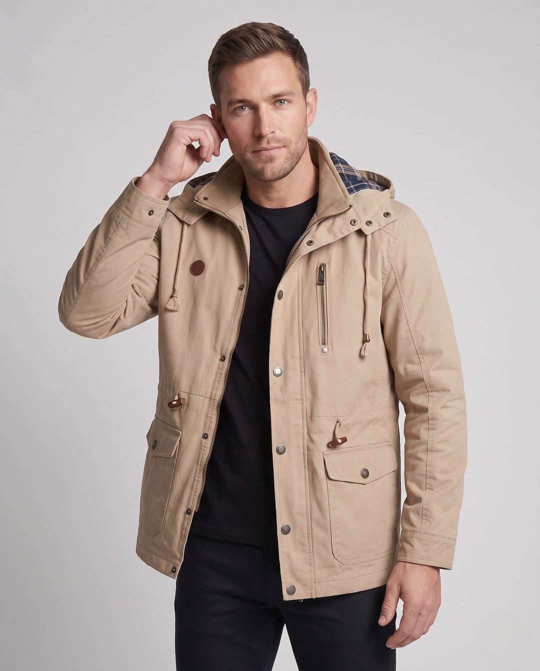 Men's lightweight hooded canvas parka with drawstring, flap pockets, and zippered chest pocket Hudson & Parker