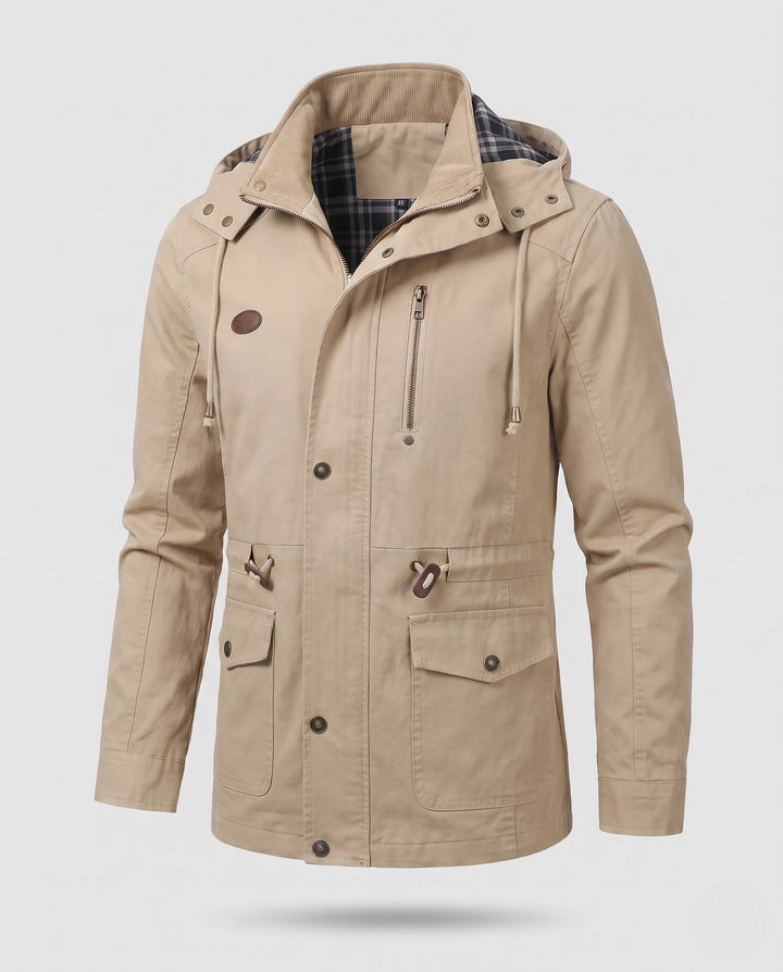 Men's lightweight hooded canvas parka with drawstring, flap pockets, and zippered chest pocket Hudson & Parker