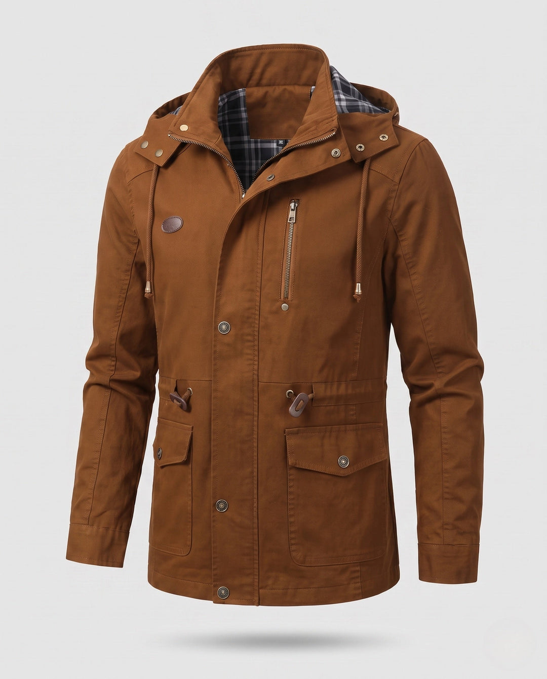 Men's lightweight hooded canvas parka with drawstring, flap pockets, and zippered chest pocket Hudson & Parker