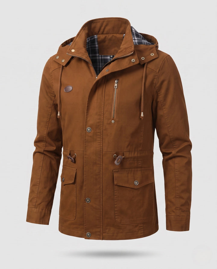 Men's lightweight hooded canvas parka with drawstring, flap pockets, and zippered chest pocket Hudson & Parker