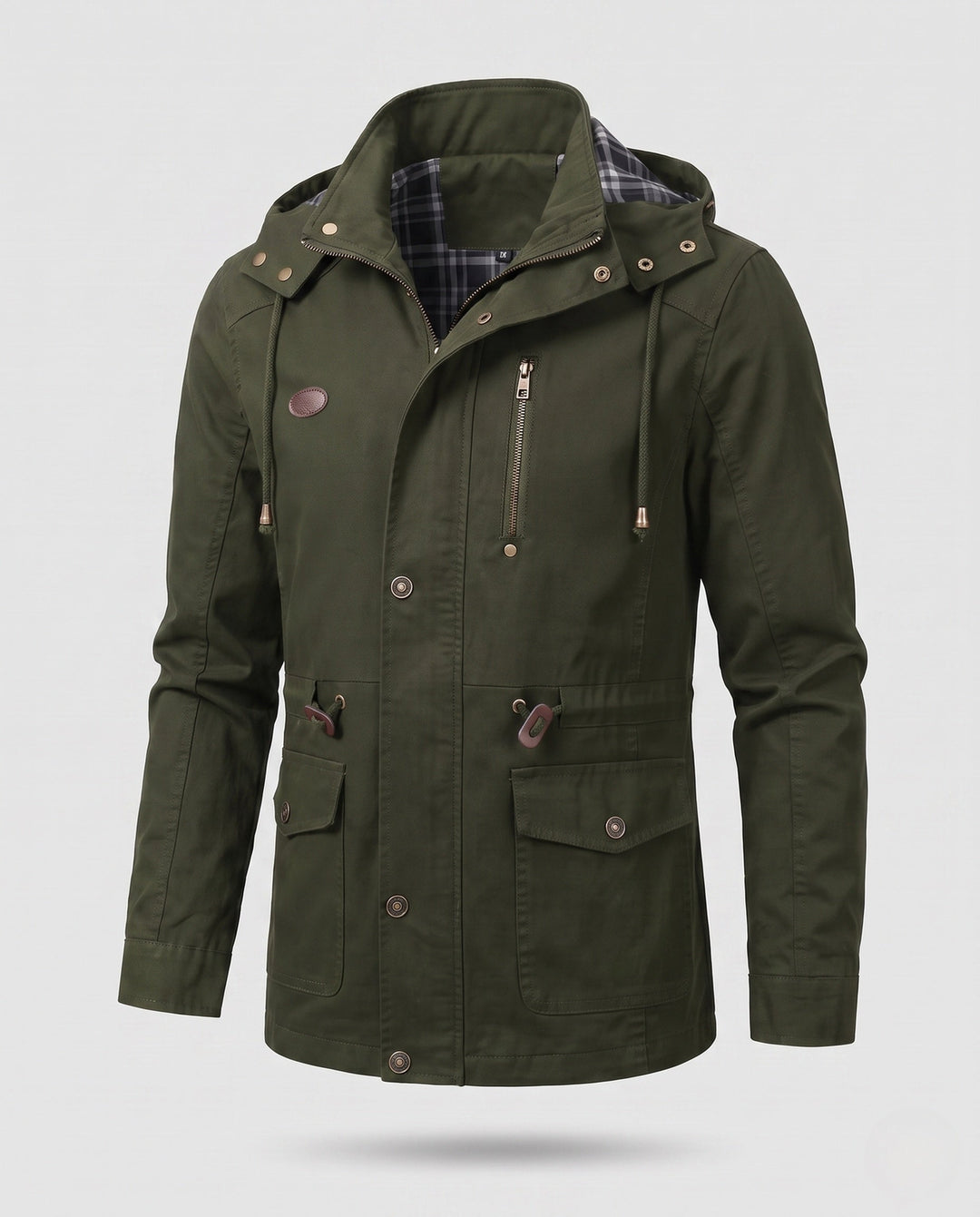 Men's lightweight hooded canvas parka with drawstring, flap pockets, and zippered chest pocket Hudson & Parker
