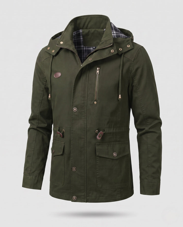 Men's lightweight hooded canvas parka with drawstring, flap pockets, and zippered chest pocket Hudson & Parker