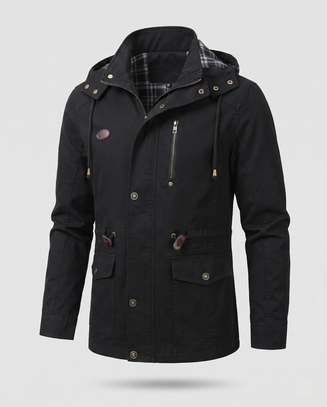 Men's lightweight hooded canvas parka with drawstring, flap pockets, and zippered chest pocket Hudson & Parker