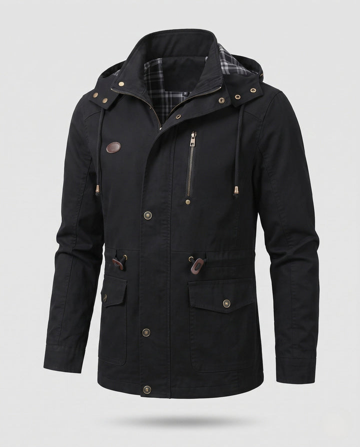 Men's lightweight hooded canvas parka with drawstring, flap pockets, and zippered chest pocket Hudson & Parker