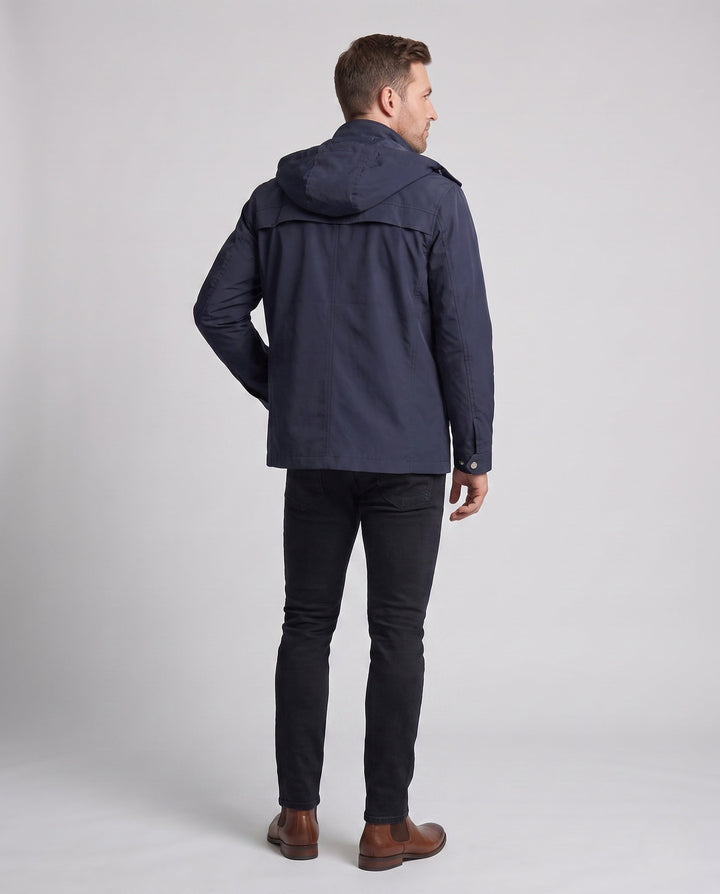 Men's lightweight water-repellent hooded canvas parka with concealed snap button placket and zippered chest pocket Hudson & Parker