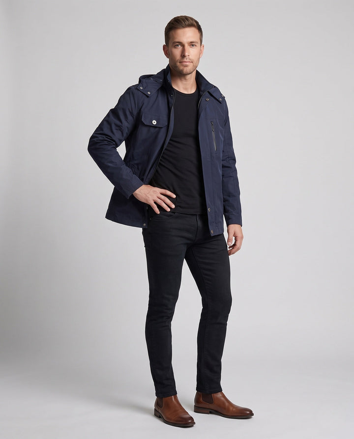 Men's lightweight water-repellent hooded canvas parka with concealed snap button placket and zippered chest pocket Hudson & Parker