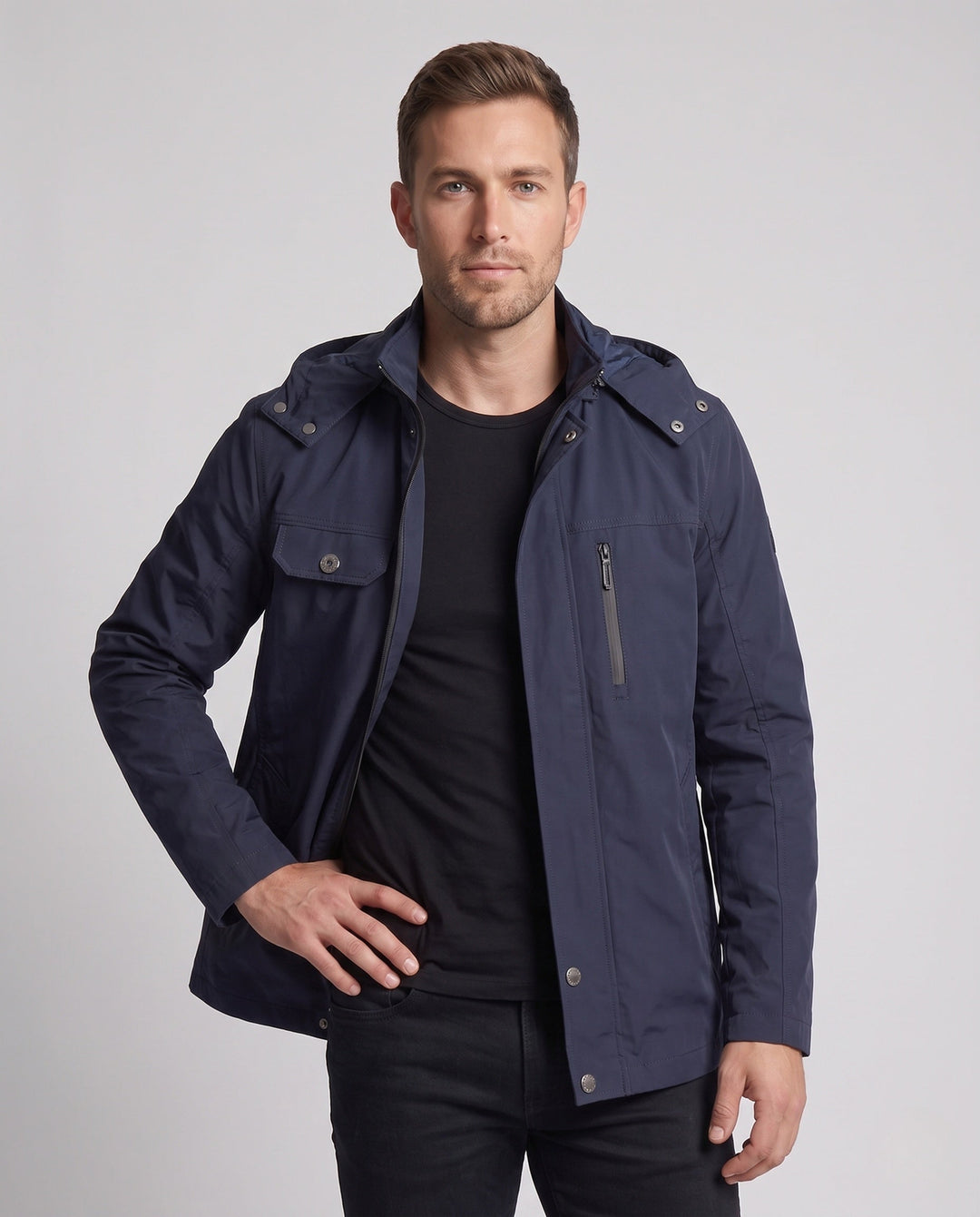Men's lightweight water-repellent hooded canvas parka with concealed snap button placket and zippered chest pocket Hudson & Parker