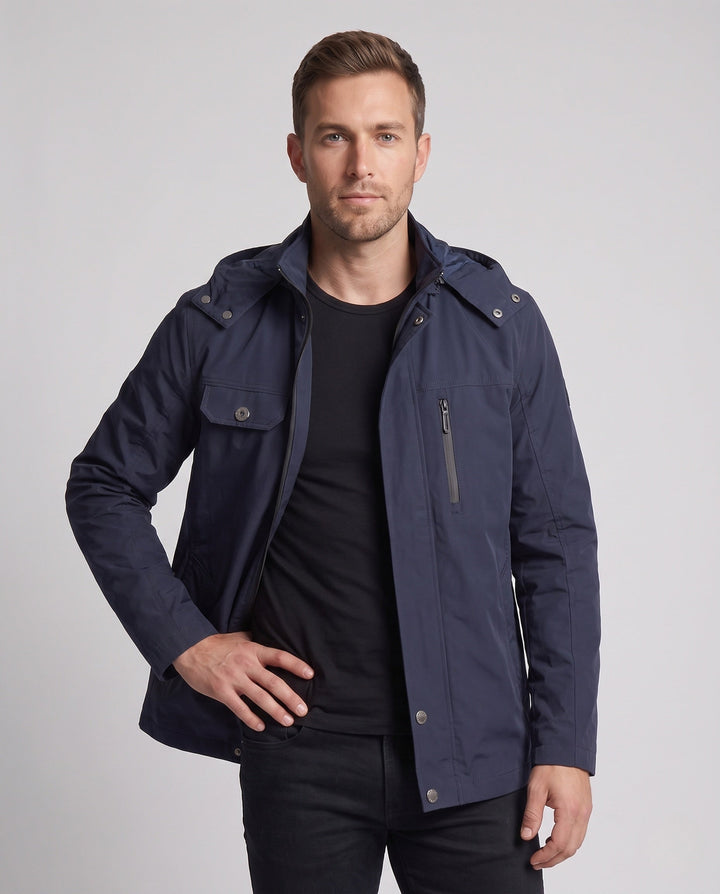 Men's lightweight water-repellent hooded canvas parka with concealed snap button placket and zippered chest pocket Hudson & Parker
