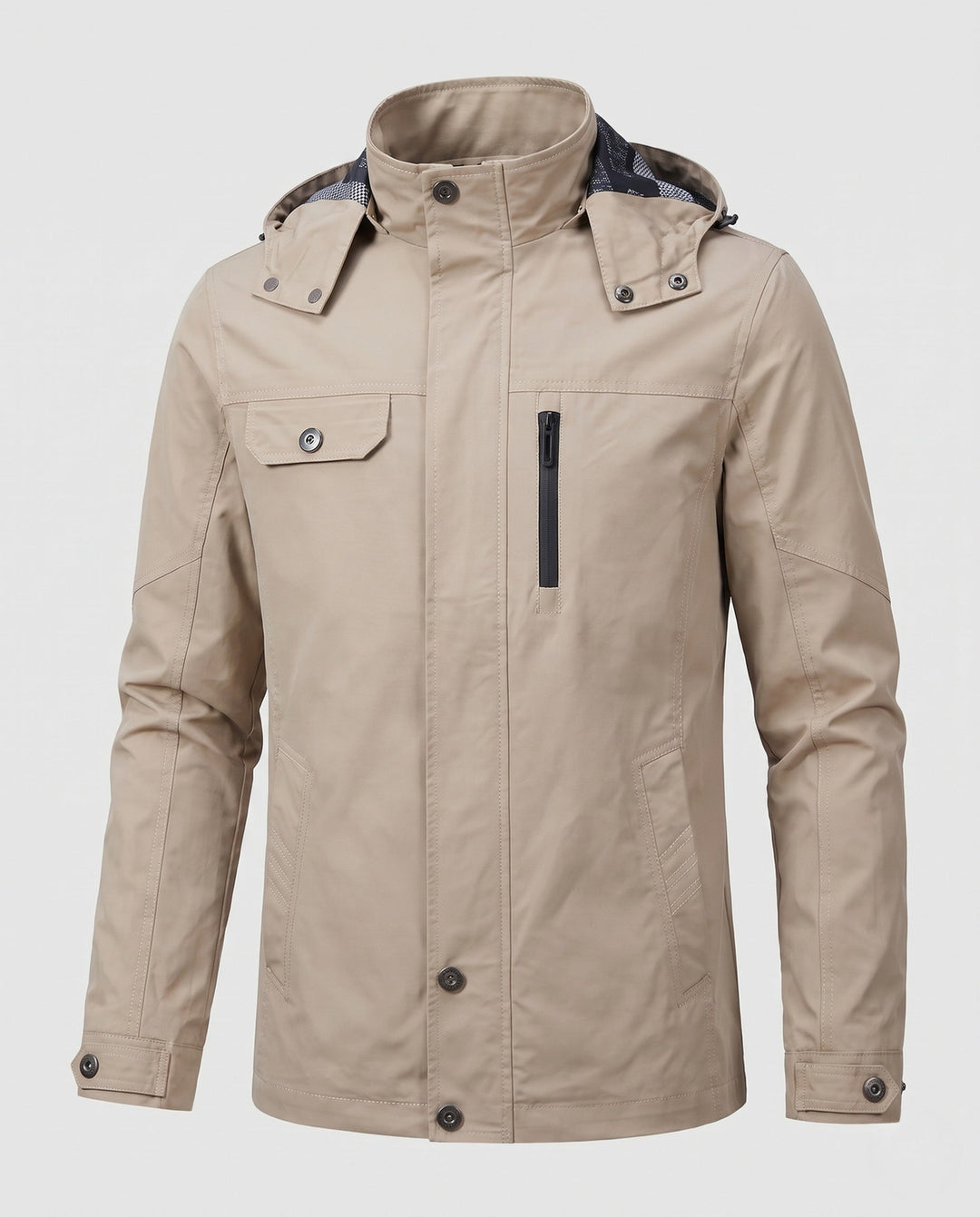 Men's lightweight water-repellent hooded canvas parka with concealed snap button placket and zippered chest pocket Hudson & Parker
