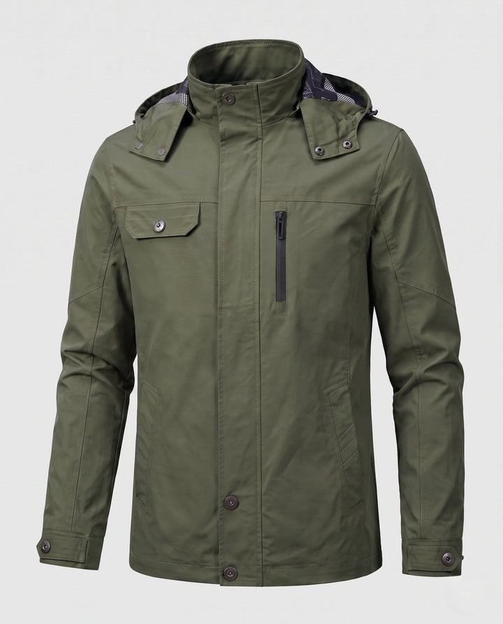 Men's lightweight water-repellent hooded canvas parka with concealed snap button placket and zippered chest pocket Hudson & Parker