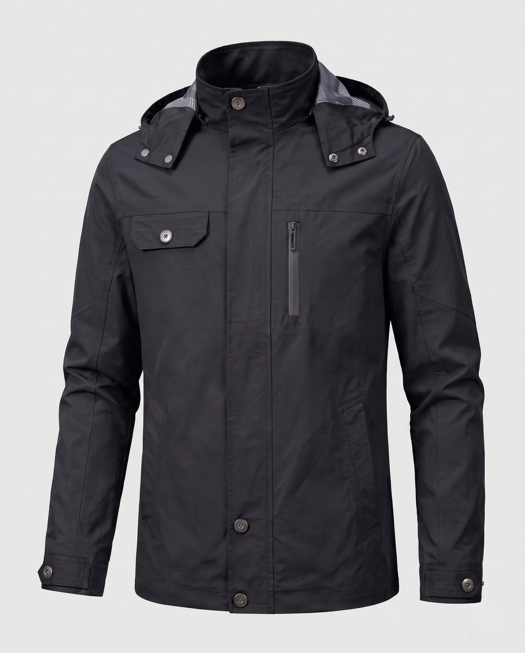 Men's lightweight water-repellent hooded canvas parka with concealed snap button placket and zippered chest pocket Hudson & Parker