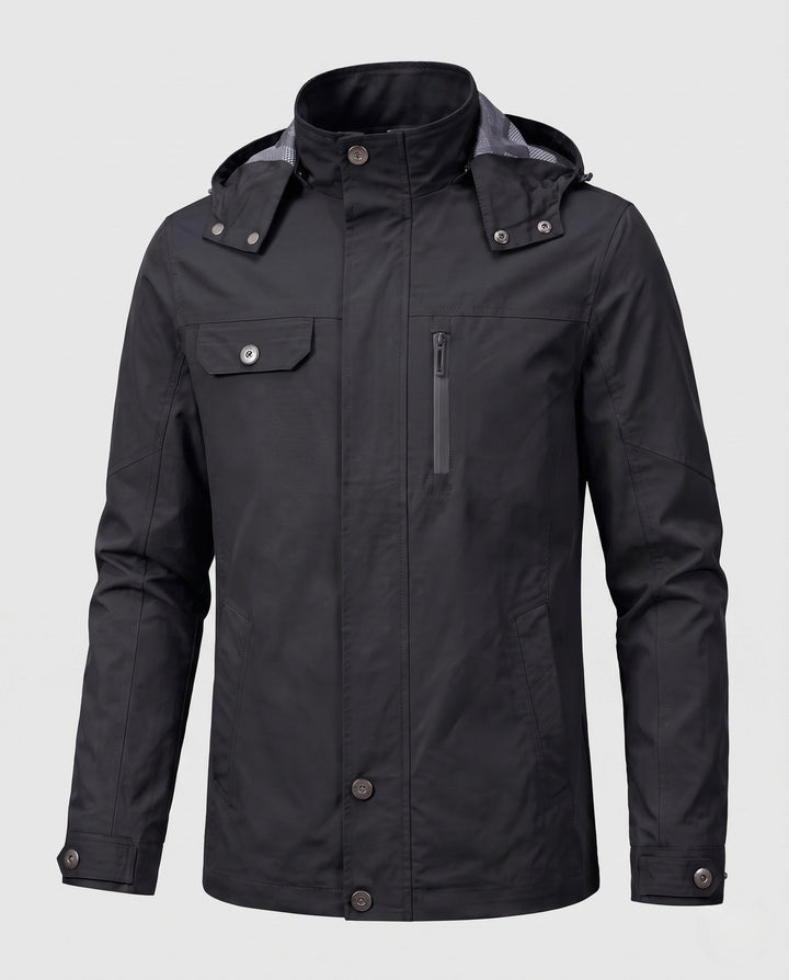 Men's lightweight water-repellent hooded canvas parka with concealed snap button placket and zippered chest pocket Hudson & Parker