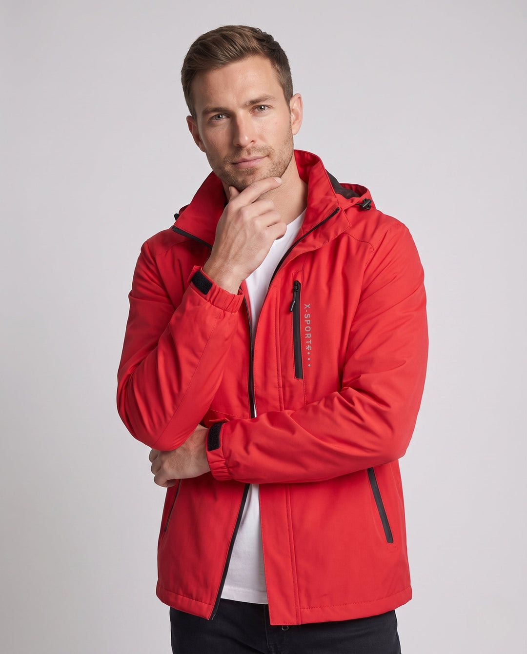 Men's lightweight wind and water-repellent hooded jacket in sports style with concealed zipper Hudson & Parker