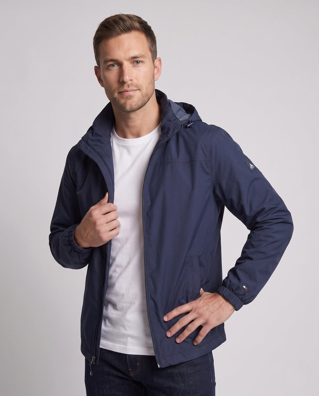 Men's lightweight windproof hooded jacket with adjustable storm hood and elastic sleeve cuffs Hudson & Parker