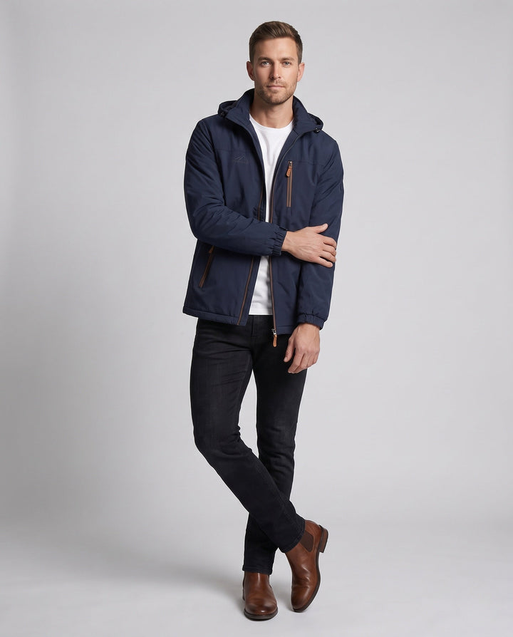 Men's lightweight windproof hooded jacket with warming thermo lining and chest zipper pocket Hudson & Parker