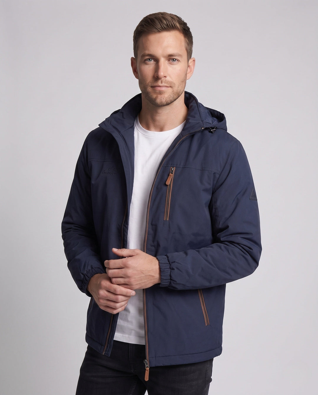 Men's lightweight windproof hooded jacket with warming thermo lining and chest zipper pocket Hudson & Parker