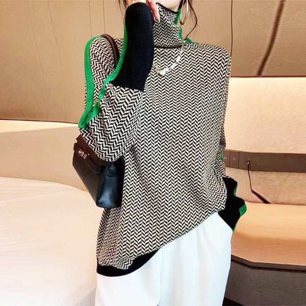 JANELLE – HERRINGBONE HIGH-NECK SWEATER