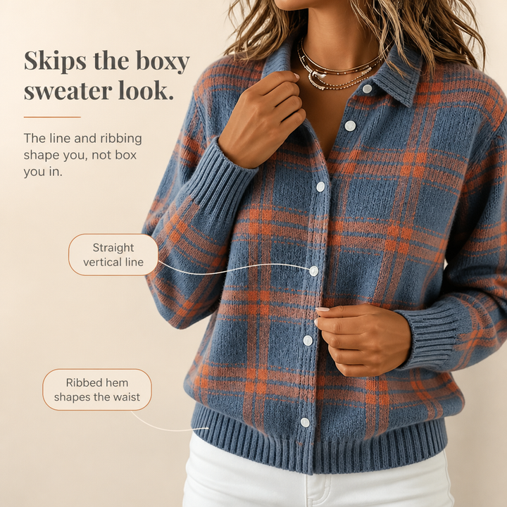 Vera - Plaid Knit Shirt-Collar Cardigan
