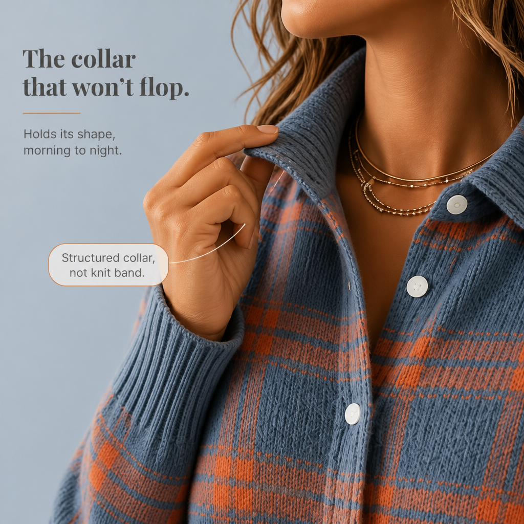 Vera - Plaid Knit Shirt-Collar Cardigan
