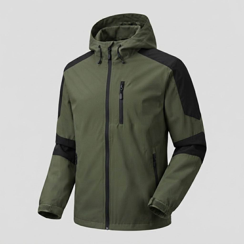 Men's lightweight water-repellent hooded softshell jacket with contrast stripes and chest zip Hudson & Parker