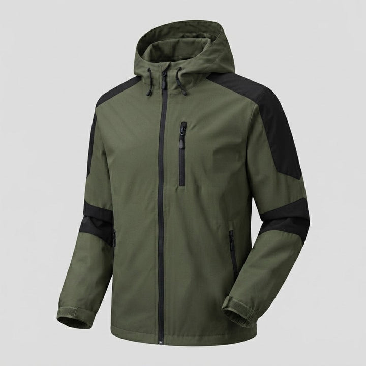 Men's lightweight water-repellent hooded softshell jacket with contrast stripes and chest zip Hudson & Parker