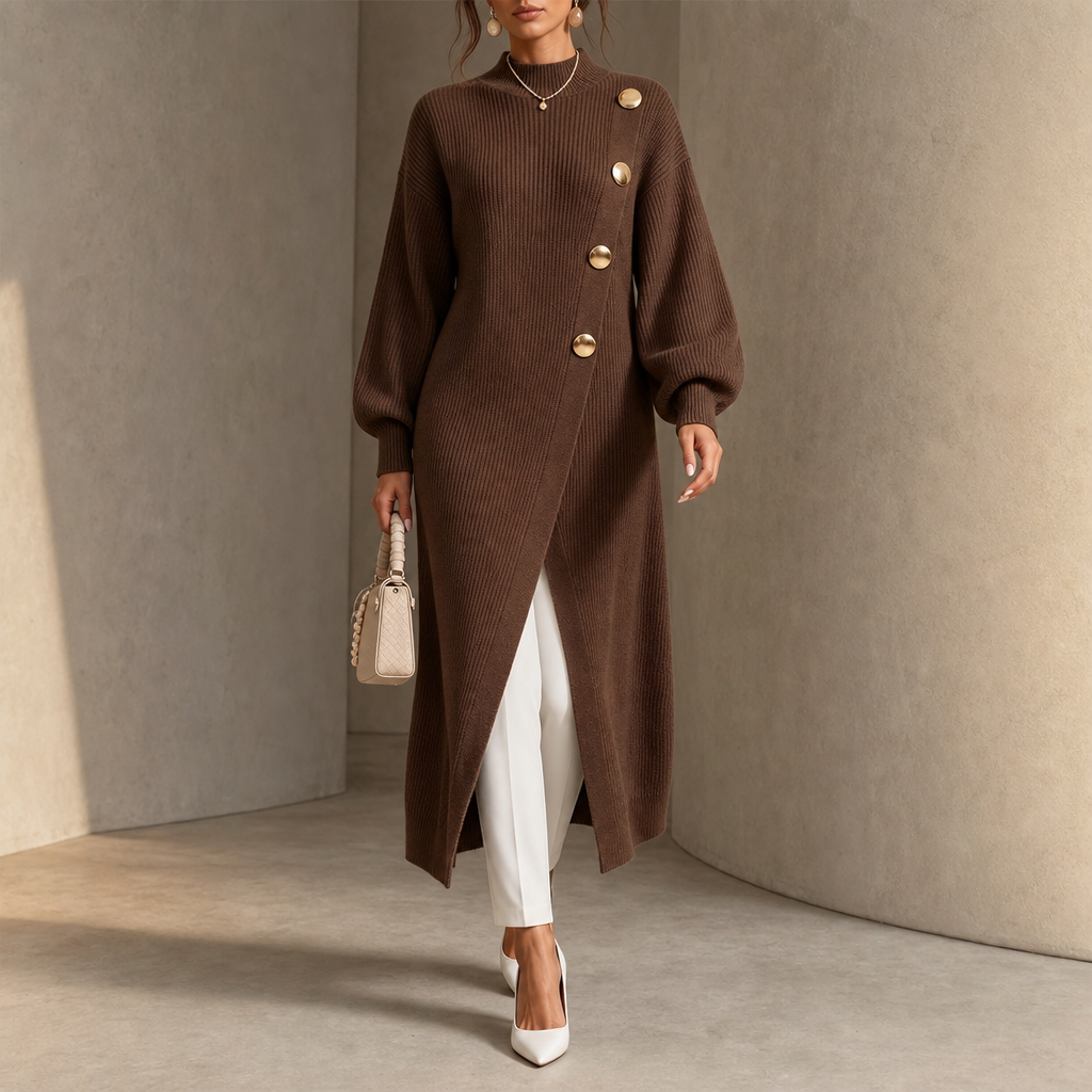 Hudson & Parker - Gold-Tone Button Asymmetric Ribbed Knit Tunic