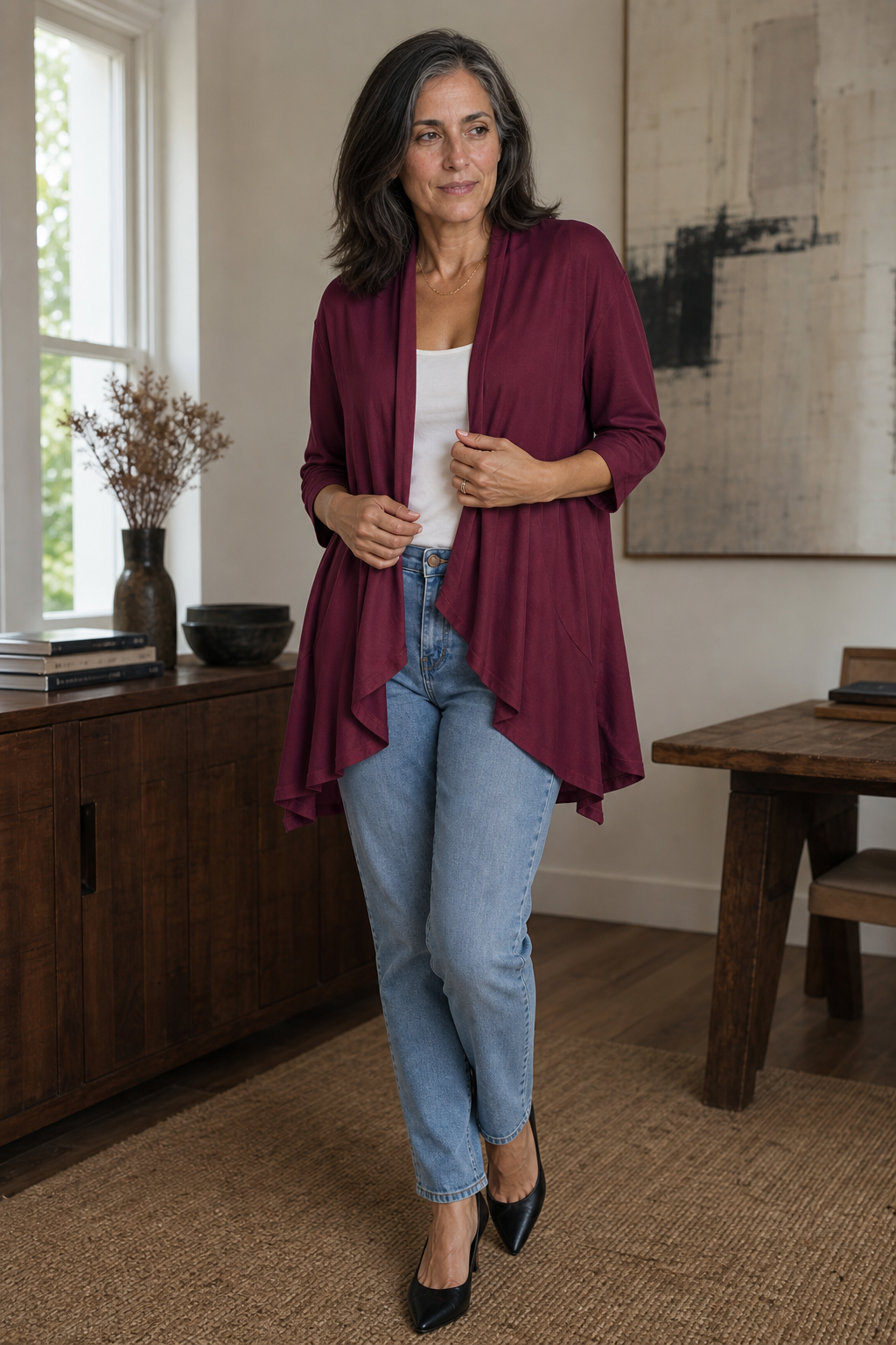Hudson & Parker - 3/4 Sleeve Open Front Waterfall Cardigan