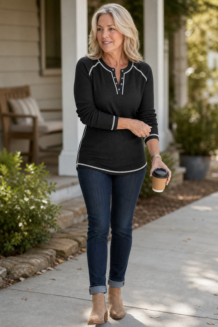 Hudson & Parker - Waffle Knit Contrast Stitch Henley Top