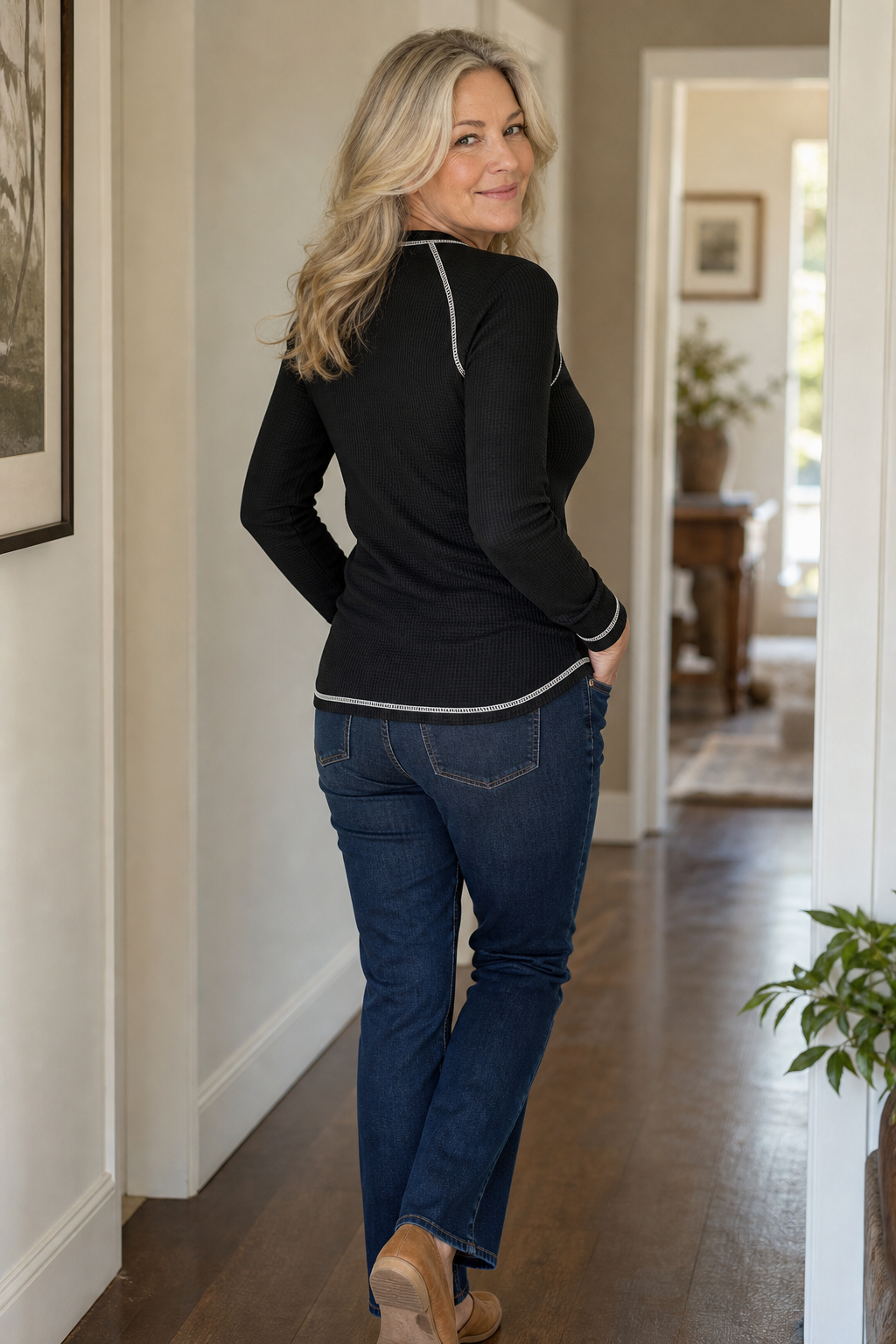 Hudson & Parker - Waffle Knit Contrast Stitch Henley Top