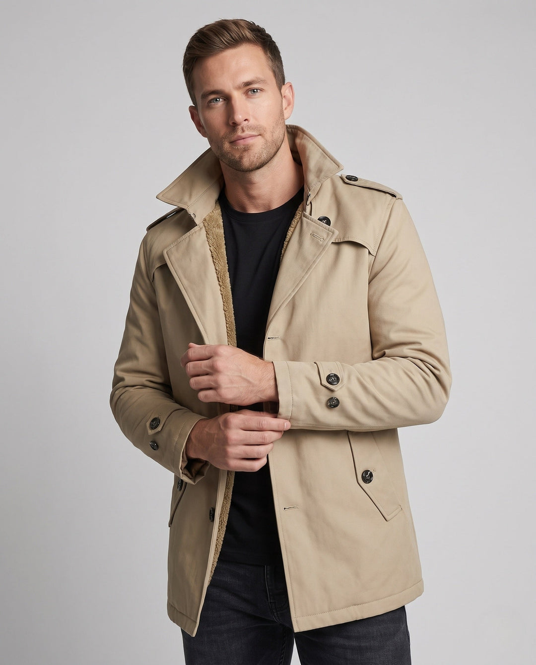 Men's Canvas Field Coat with Teddy Lining, Notched Collar and Epaulettes Hudson & Parker