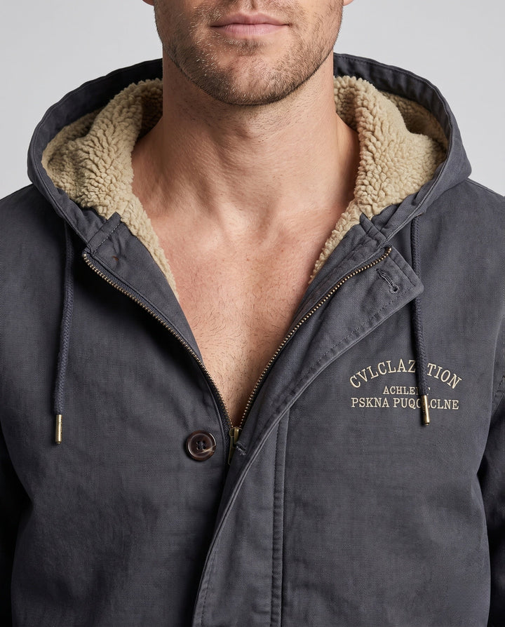 Men's Lined Canvas Hoodie with Full Sherpa Lining and Drawstring Hudson & Parker